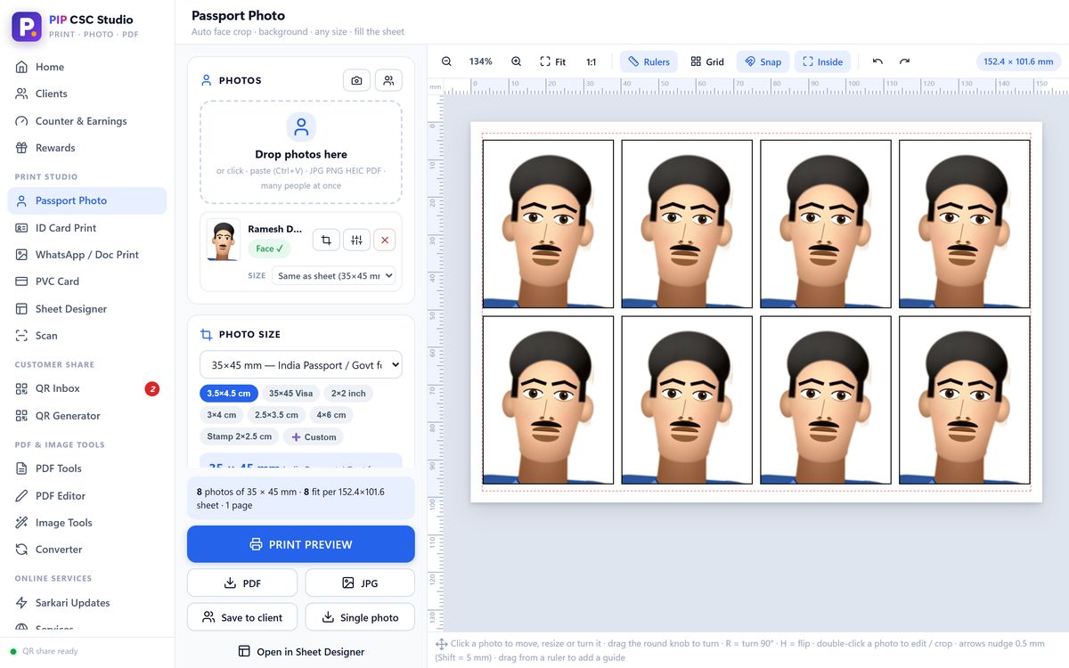 Passport Photo in PIP CSC Studio: One-click face crop, white or blue background, 8 on 4×6 or 30 on A4.