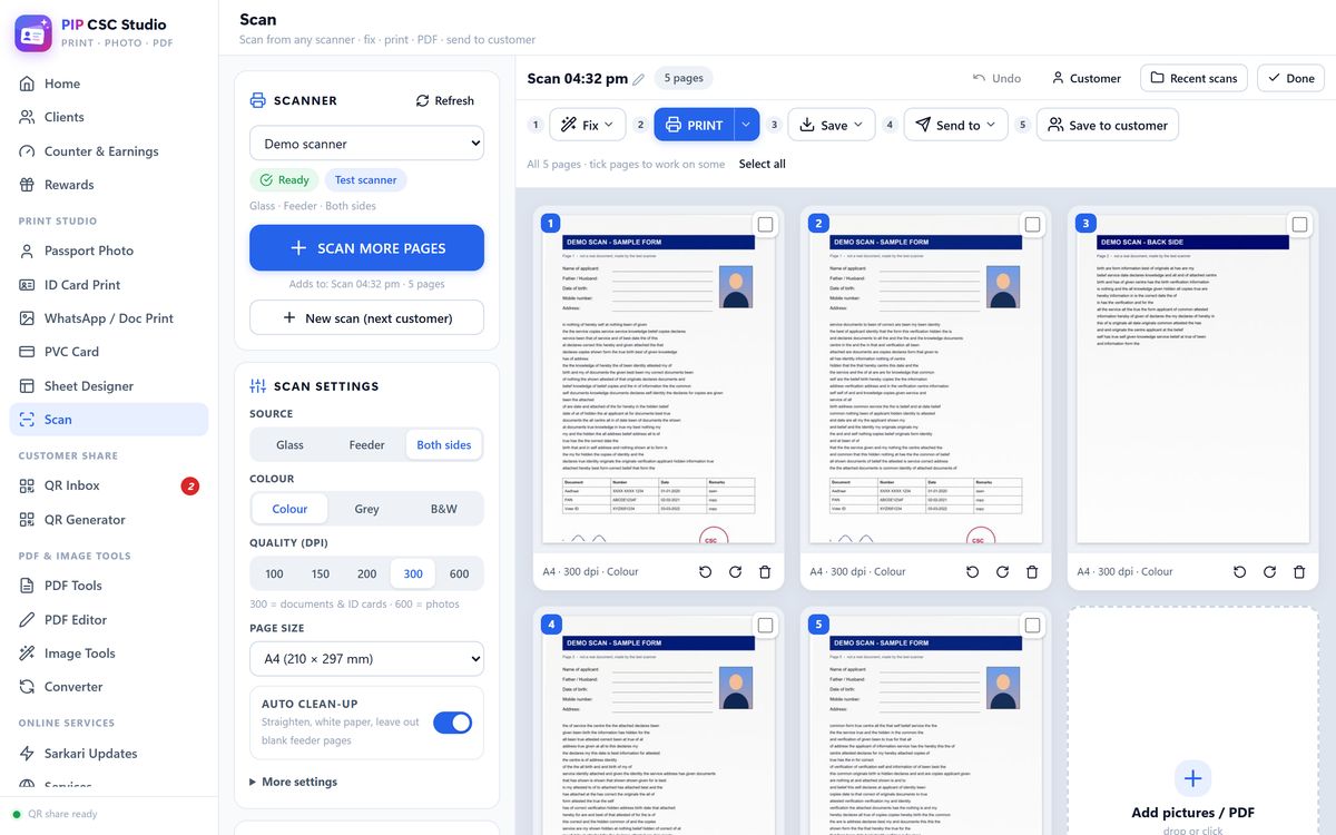 Scan in PIP CSC Studio: Any WIA scanner, feeder and both sides, auto clean, blank pages removed.